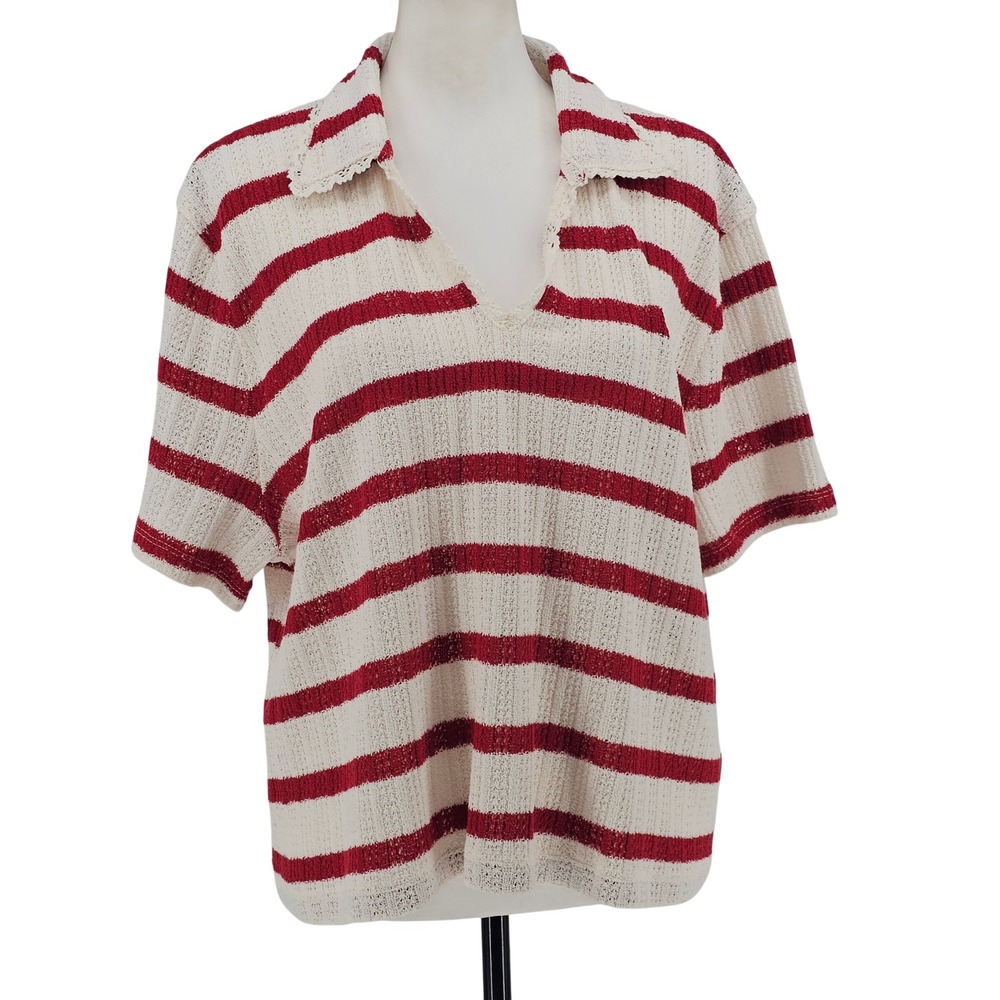 Madewell Pointelle Knit Polo Shirt XXL Red Striped Lace Trim Coastal Nautical